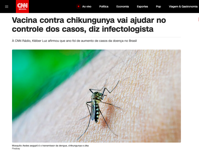 Entrevista do Dr. Kleber Luz para a CNN Brasil sobre o aumento de casos de dengue e nova vacina contra chikungunya