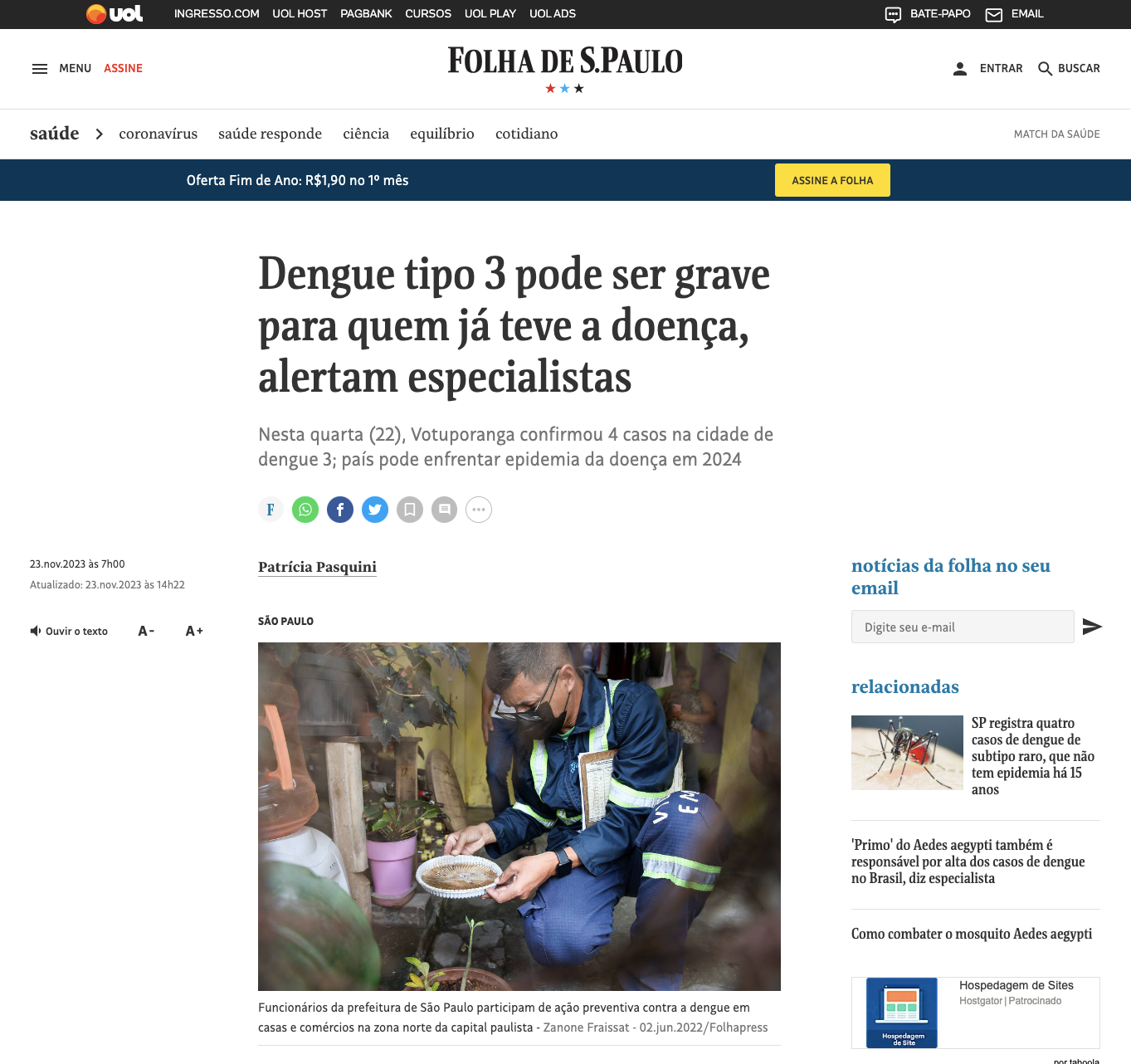 Alerta sobre a Dengue Tipo 3: Dr. Kleber Luz Comenta em Matéria Exclusiva para a Folha de São Paulo